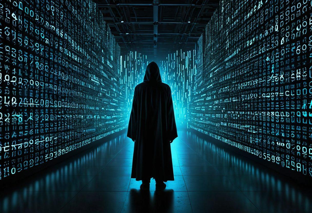 A mysterious figure cloaked in a digital veil, floating amidst a sea of binary code, symbolizing anonymity. Surrounding the figure are floating shields representing personal data protection, paired with glowing padlocks symbolizing secure online communication. The background is a dark, encrypted circuit network lit with vibrant neon colors, creating an aura of security and secrecy. techno-futuristic. neon glow. dark background.