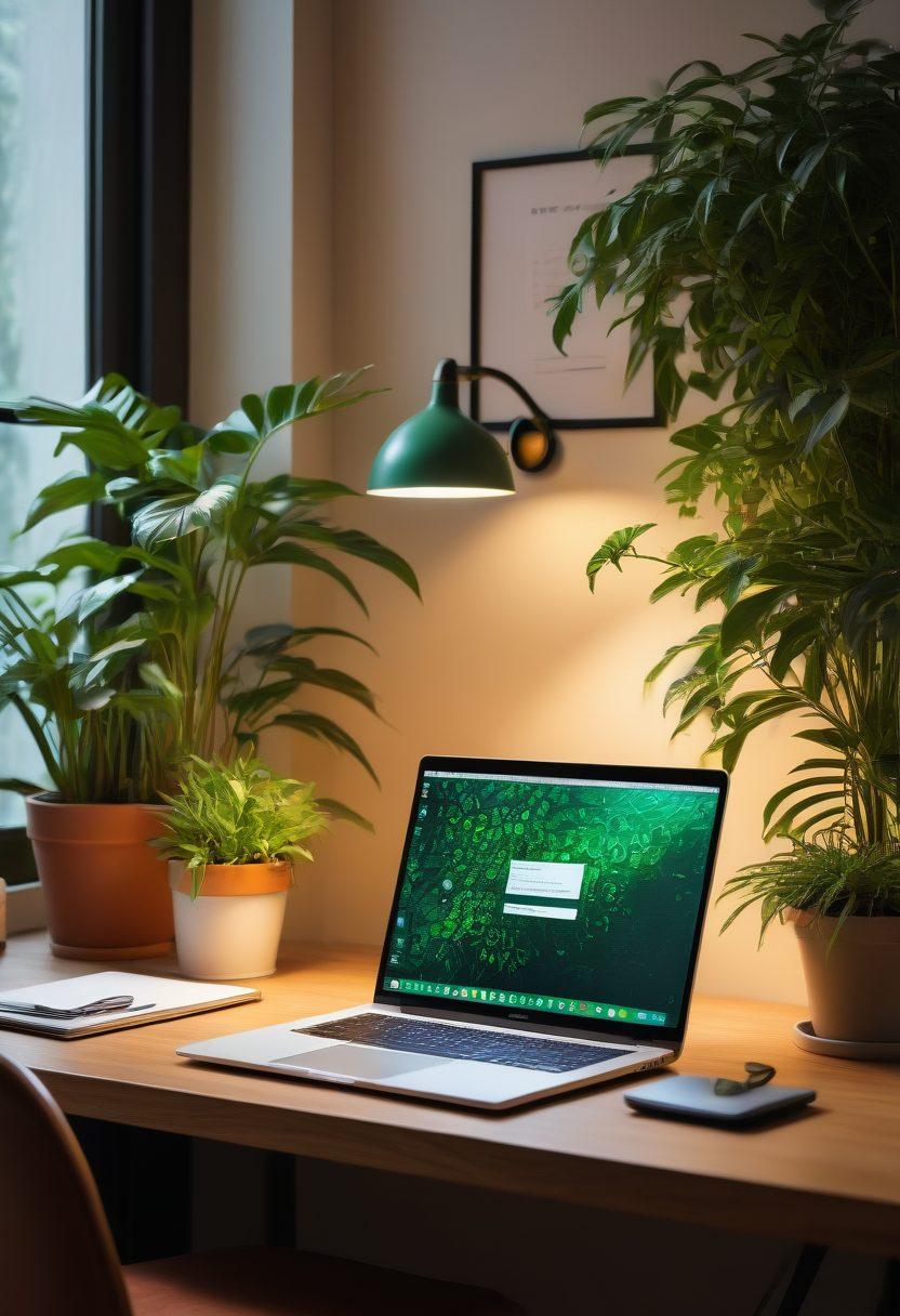A serene and sleek workspace featuring a modern laptop displaying encrypted communication software, surrounded by a cozy atmosphere with soft lighting and plants. Include elements representing security, such as a lock icon and private chat bubbles. Subtle hints of exclusive content, like a document with a 'Top Secret' stamp and discreet notes. Emphasize trust and privacy through warm colors and inviting textures. digital art. vibrant colors. cozy atmosphere.