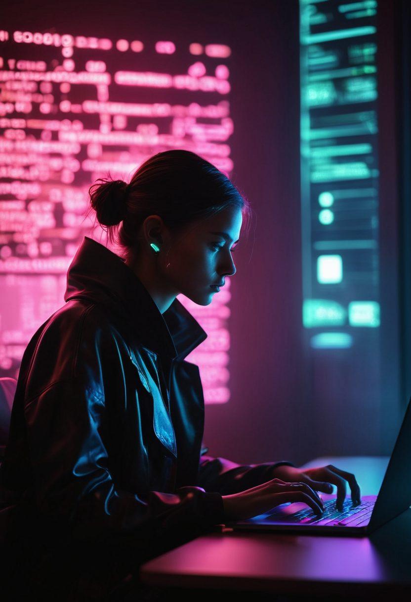 A silhouette of a person typing on a laptop in a dimly lit room, with a glowing screen illuminating their focused expression. Surrounding the scene are abstract representations of online privacy symbols like locks and shields, blending into a digital landscape filled with subtle binary codes. The overall mood should convey secrecy and empowerment in the digital age. cyberpunk. dark colors with neon accents.